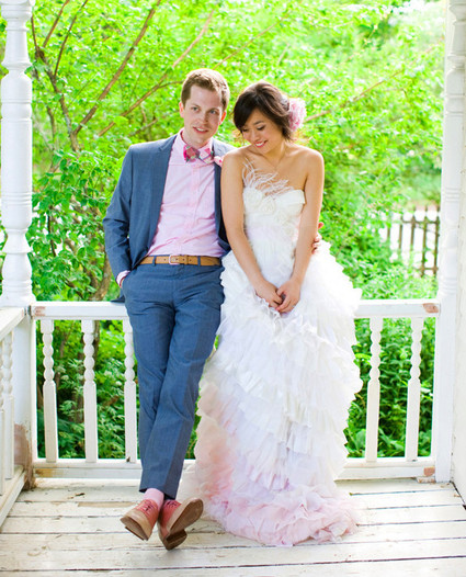 soft pink and white wedding attire