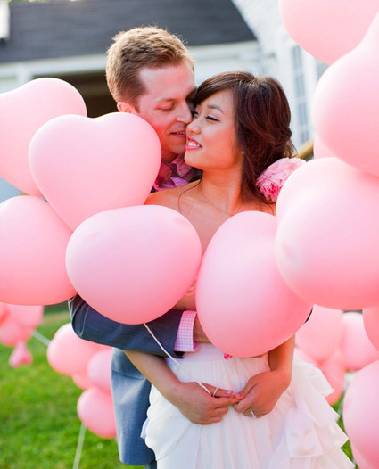 Pink heart balloon wedding portrait