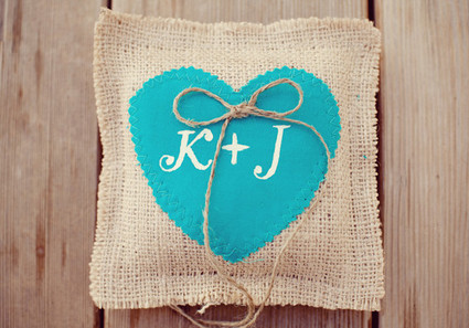 Aqua Heart and Initials Ring Pillow