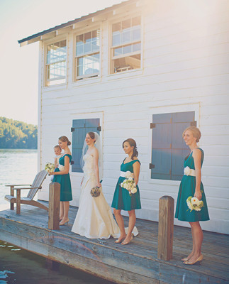 Lake-front turquoise bridesmaids portrait
