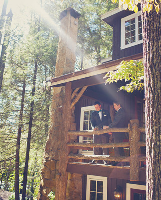Lake-front wedding landscape and groomsmen