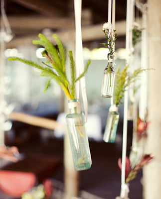 Greenery hanging from rustic bottles