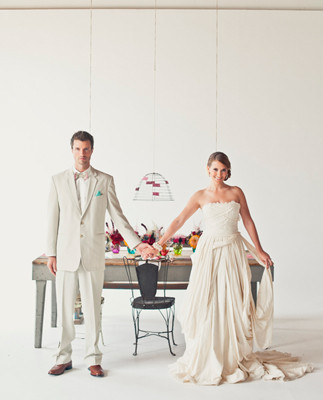 Ivory bride and groom attire