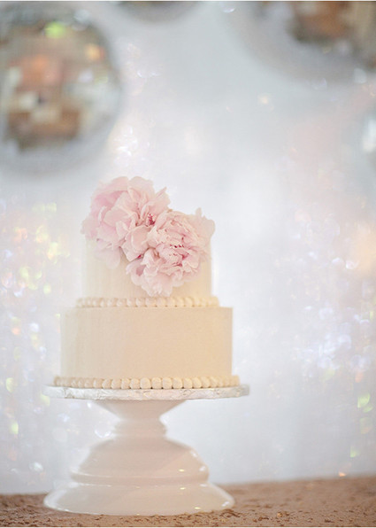Two-Tier White Wedding Cake with Pink Peonies