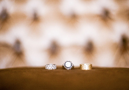 Thick gold band and geometric diamond rings