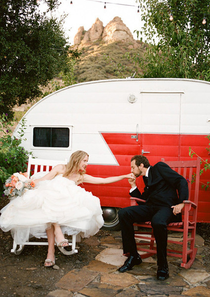 Red and White Trailer Wedding Portrait