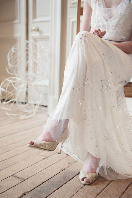White shoes and sequin wedding dress