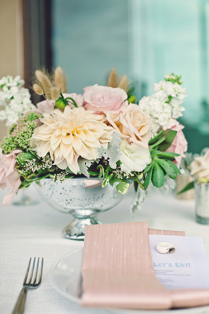 White and pink centerpiece with silver vase