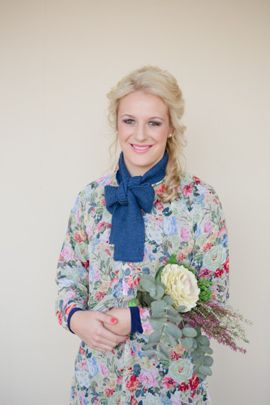 Bridesmaid in colorful dress with blue scarf