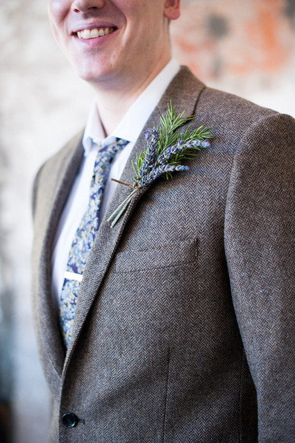 Grey suit with lavender boutonniere