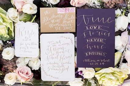 Old World vintage purple and gold wedding invitations