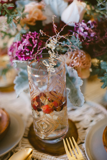Bohemian gold glassware with cocktail stirrer