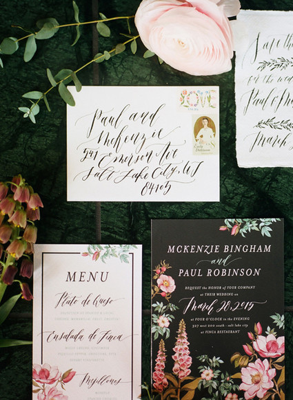 Dramatic floral wedding invitations