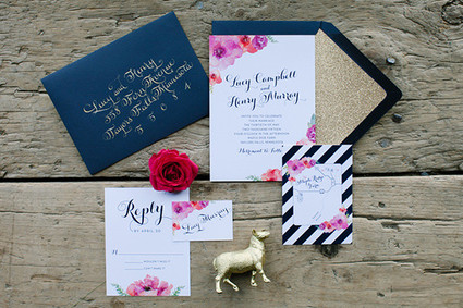 Blue, gold and pink floral wedding invitations