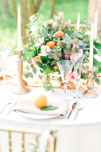 Gold, white and light pink tablescape