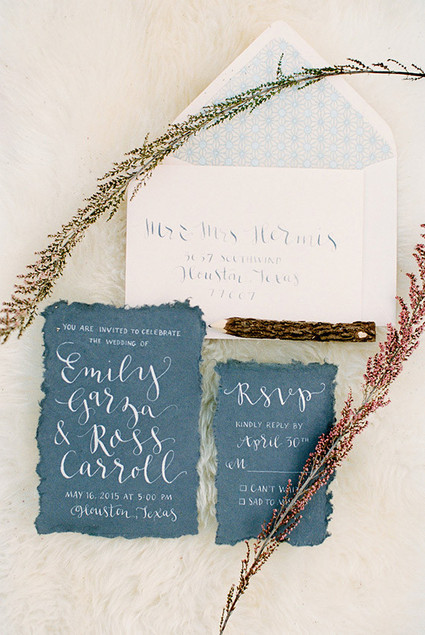 White and blue bohemian calligraphy invitation