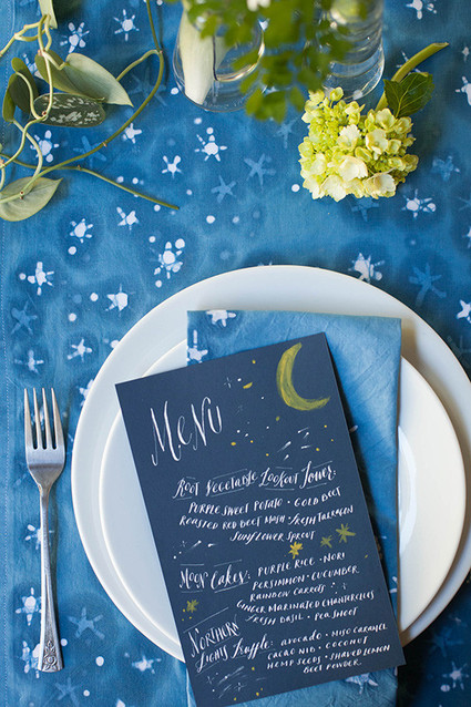 Blue and white dinner party menu