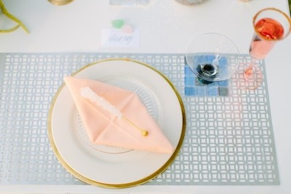 Peach and light blue place setting