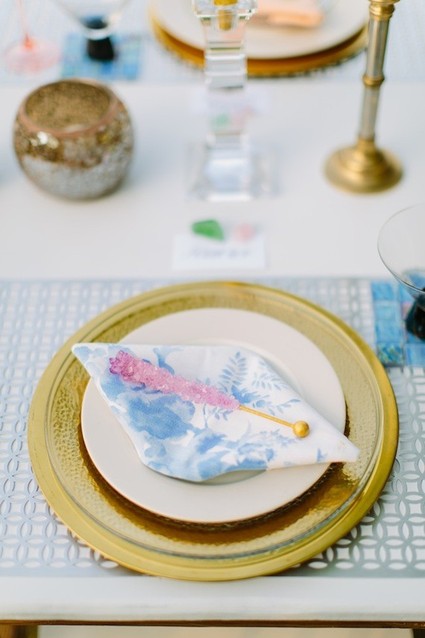 Iridescent gold and light blue place setting with rock candy