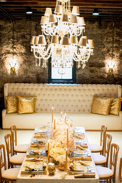New Years gold tablescape with chandelier