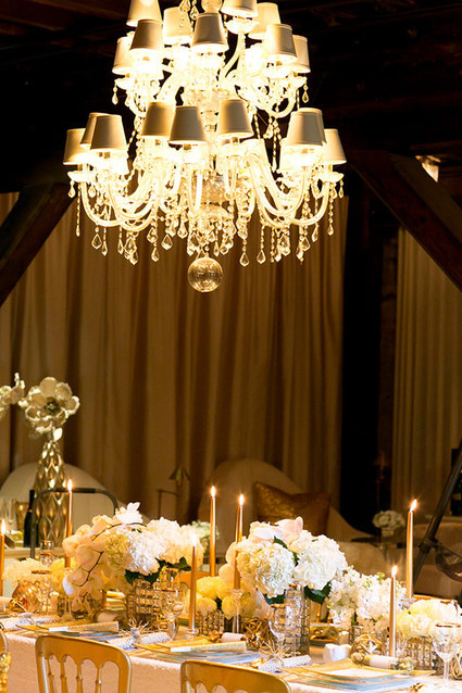 New Years gold tablescape with chandelier
