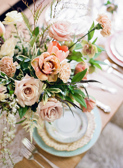 Garden rose and tulip floral centerpiece Inspiration