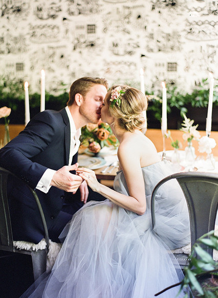 Pale blue tulle wedding dress