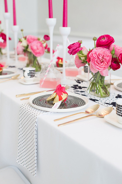 Pink, black and white place setting