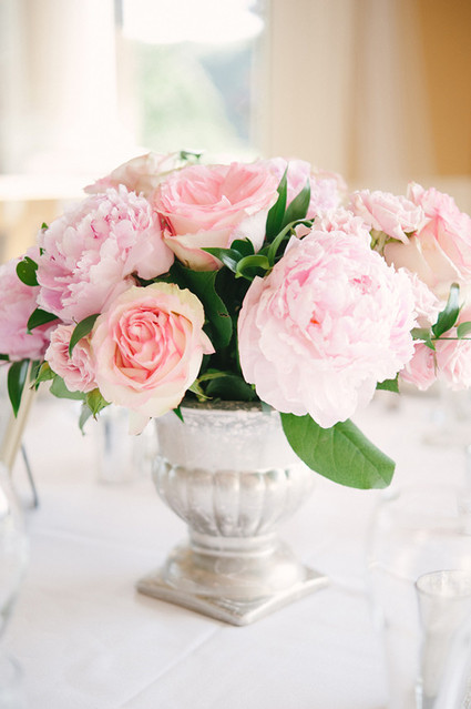 Pink peony centerpiece with silver vase