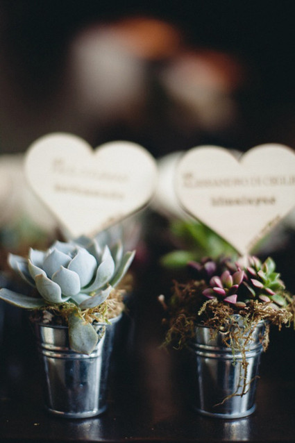Succulent favors with wooden engraved hearts Inspiration
