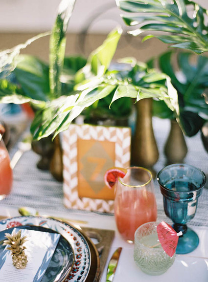 Tropical, summer inspired wedding place setting and table number