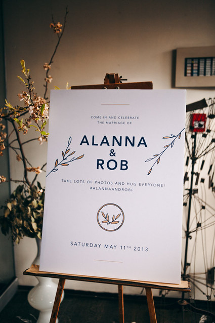 White and blue welcome signage