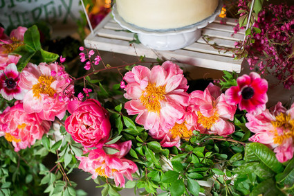 coral charm peony dessert table Inspiration