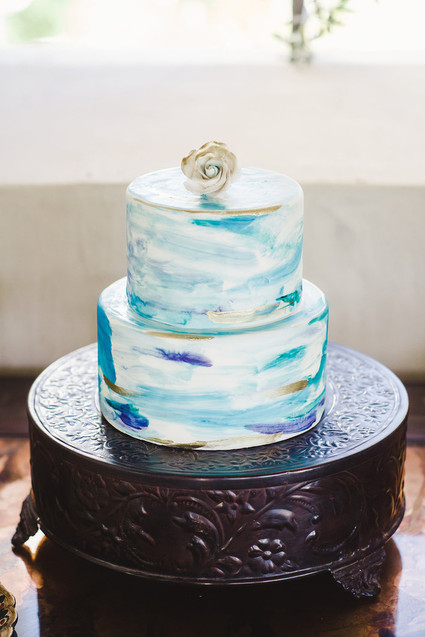 Two tiered blue and turquoise hand painted watercolor cake