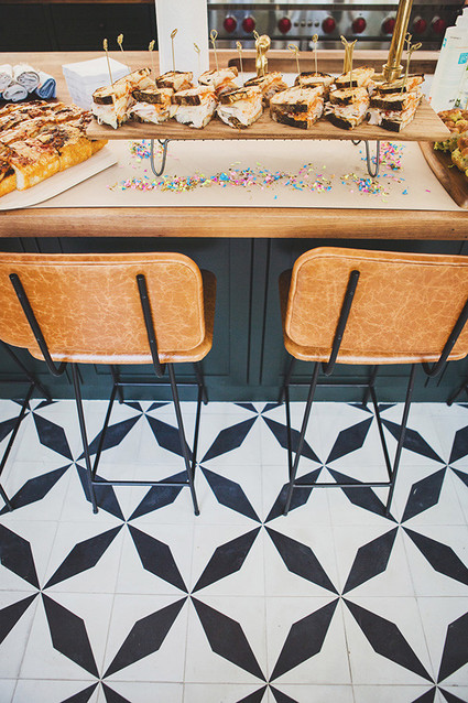 black kitchen island and stools