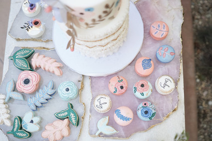 floral cookies and dessert table