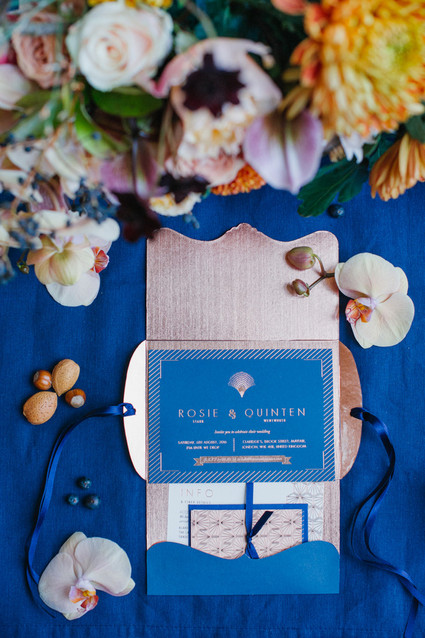 Blue and copper wedding invitation suite