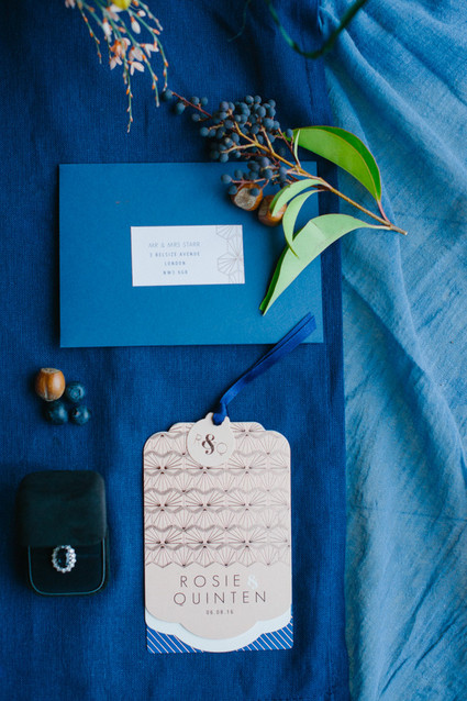 Blue and copper wedding invitation suite