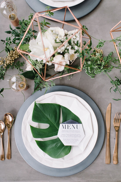 Copper + green industrial modern wedding place setting