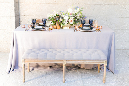 Soft blue spring wedding tablescape