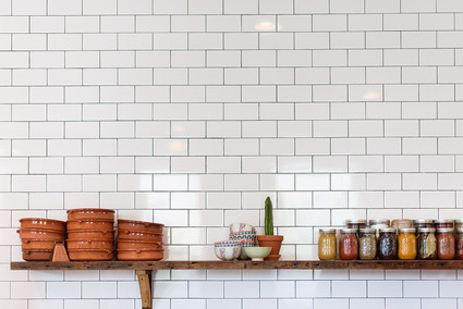 subway tile and open shelving
