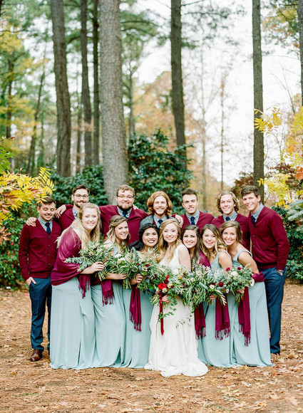 Winter wedding party portrait