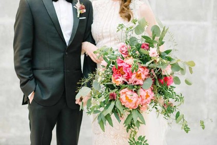 elegant vintage wedding portraits with peony bouquet