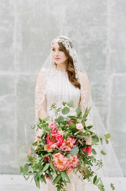 elegant vintage wedding portraits with peony bouquet