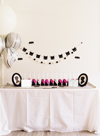 Black and white and pink modern Batman birthday party