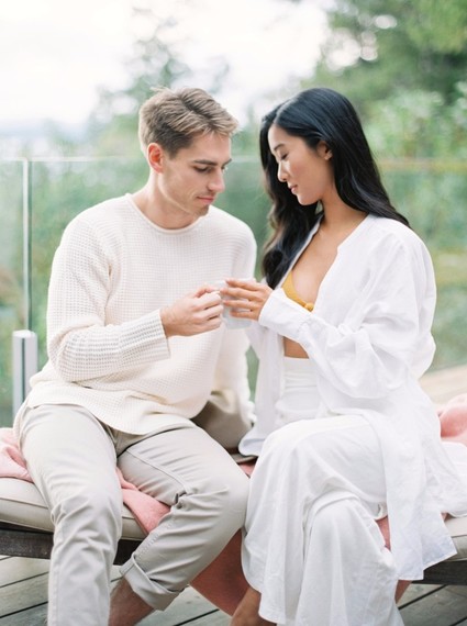 Stylish mod engagement photos on Galiano Island