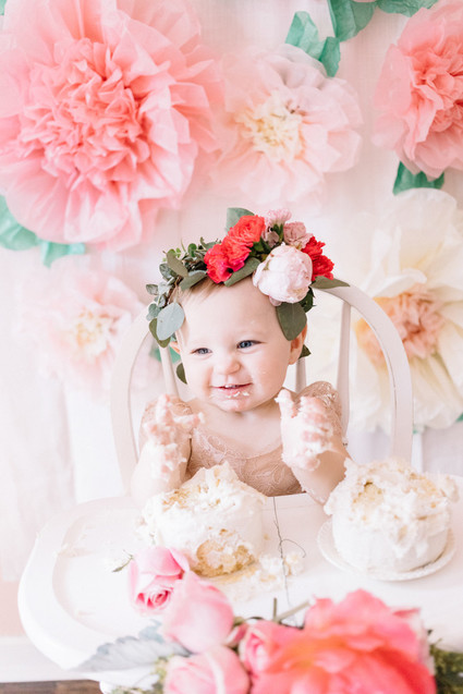 Pink floral first birthday party ideas on 100 Layer Cakelet