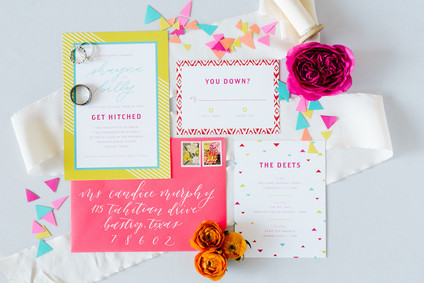 Bright whimsical wedding invites