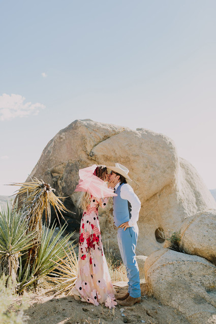 Rustic Joshua Tree wedding with a pink floral dress