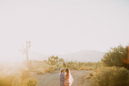 Rustic Joshua Tree wedding with a pink floral dress
